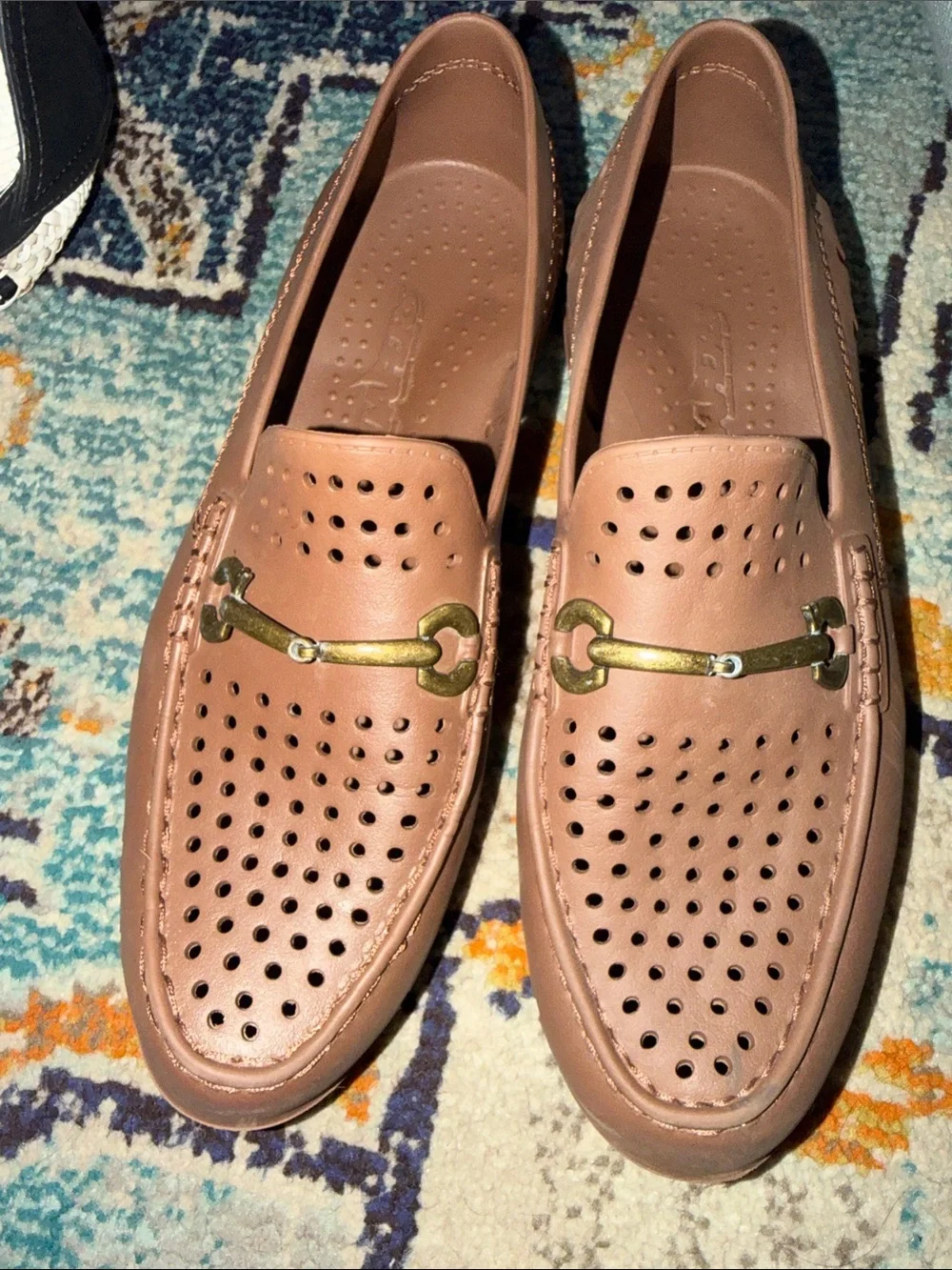 Men's Perforated Slip-On Loafers in Tan with Gold Bit